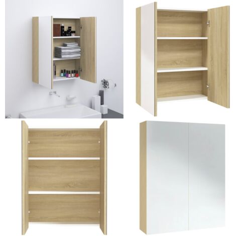 Armadietto a Specchio per Bagno 60x15x75 cm MDF Bianco e Rovere - Armadietto a specchio - Armadietto in vetro