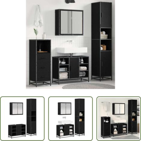 Armadietto a specchio -  Set di mobili per il bagno 3 pcs Rovere Nero Legno multistrato