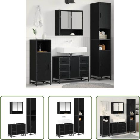 Armadietto a specchio -  Set di mobili per il bagno 3 pcs Rovere Nero Legno multistrato