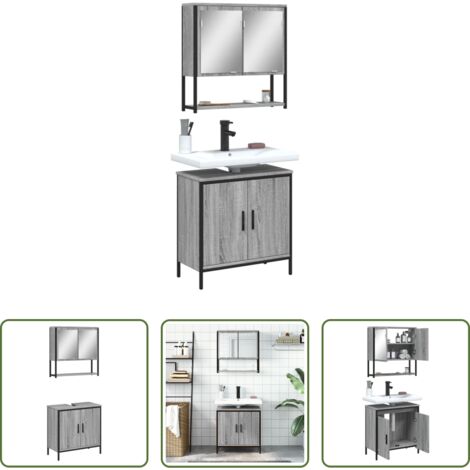 Armadietto a specchio -  Set Mobili da Bagno 2 pz Grigio Sonoma in Legno Multistrato
