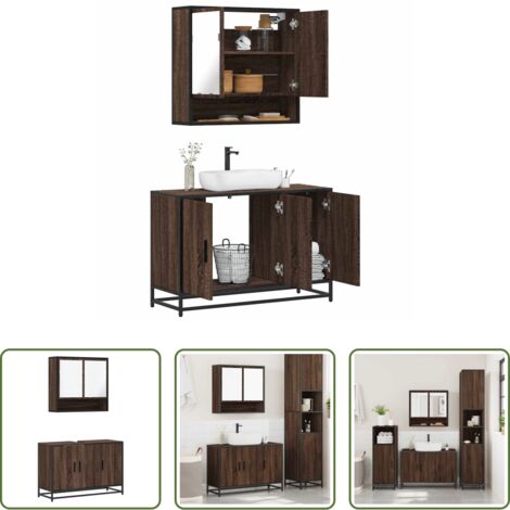 Armadietto a specchio -  Set Mobili da Bagno 2 pz Rovere Marrone in Legno Multistrato