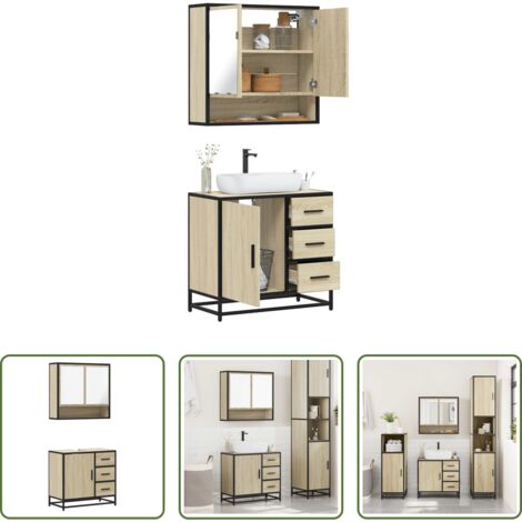 Armadietto a specchio -  Set Mobili da Bagno 2 pz Rovere Sonoma in Legno Multistrato