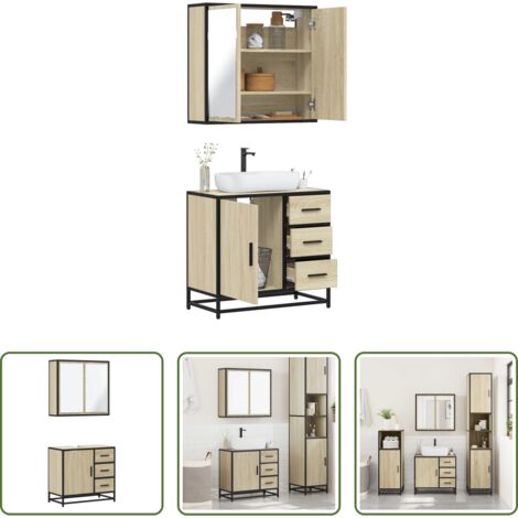 Armadietto a specchio -  Set Mobili da Bagno 2 pz Rovere Sonoma in Legno Multistrato