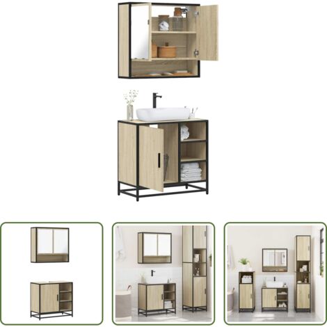 Armadietto a specchio -  Set Mobili da Bagno 2 pz Rovere Sonoma in Legno Multistrato