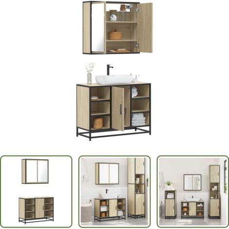 Armadietto a specchio -  Set Mobili da Bagno 2 pz Rovere Sonoma in Legno Multistrato