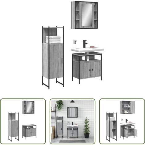 Armadietto a specchio -  Set Mobili da Bagno 3 pz Grigio Sonoma in Legno Multistrato