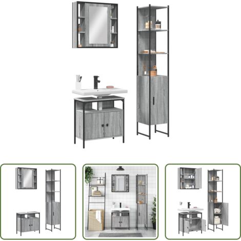 Armadietto a specchio -  Set Mobili da Bagno 3 pz Grigio Sonoma in Legno Multistrato