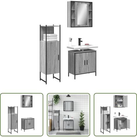 Armadietto a specchio -  Set Mobili da Bagno 3 pz Grigio Sonoma in Legno Multistrato