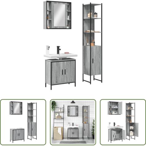 Armadietto a specchio -  Set Mobili da Bagno 3 pz Grigio Sonoma in Legno Multistrato