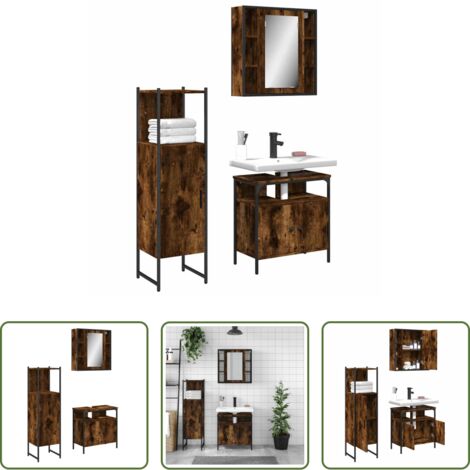 Armadietto a specchio -  Set Mobili da Bagno 3 pz Rovere Fumo in Legno Multistrato