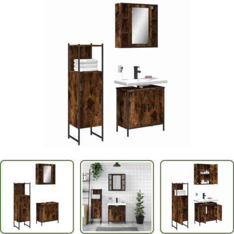 Armadietto a specchio -  Set Mobili da Bagno 3 pz Rovere Fumo in Legno Multistrato