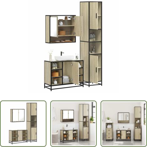Armadietto a specchio -  Set Mobili da Bagno 3 pz Rovere Sonoma in Legno Multistrato
