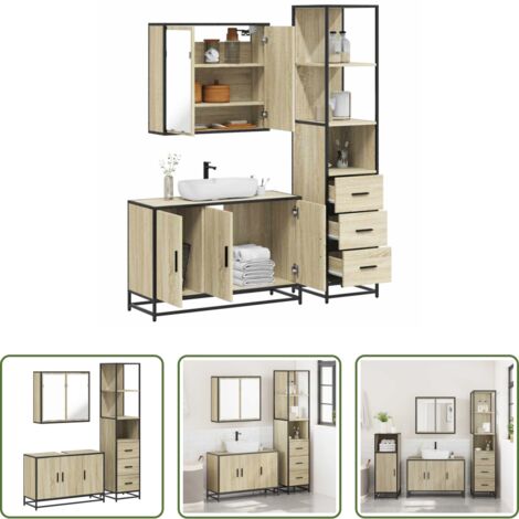 Armadietto a specchio -  Set Mobili da Bagno 3 pz Rovere Sonoma in Legno Multistrato