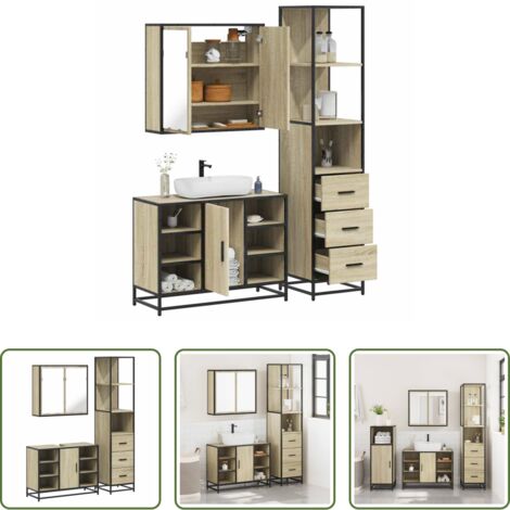 Armadietto a specchio -  Set Mobili da Bagno 3 pz Rovere Sonoma in Legno Multistrato