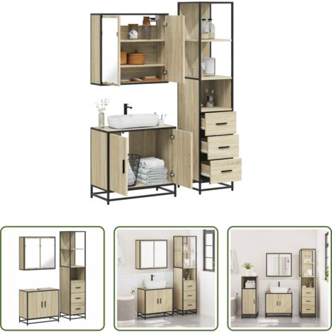 Armadietto a specchio -  Set Mobili da Bagno 3 pz Rovere Sonoma in Legno Multistrato