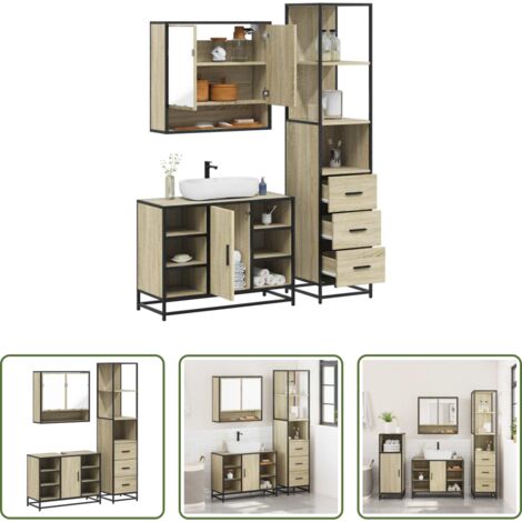 Armadietto a specchio -  Set Mobili da Bagno 3 pz Rovere Sonoma in Legno Multistrato