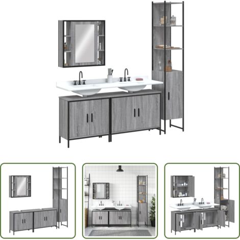 Armadietto a specchio -  Set Mobili da Bagno 4 pz Grigio Sonoma in Legno Multistrato