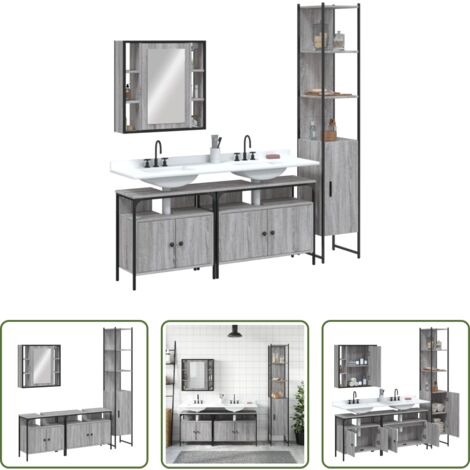 Armadietto a specchio -  Set Mobili da Bagno 4 pz Grigio Sonoma in Legno Multistrato