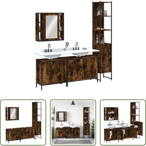 Armadietto a specchio -  Set Mobili da Bagno 4 pz Rovere Fumo in Legno Multistrato