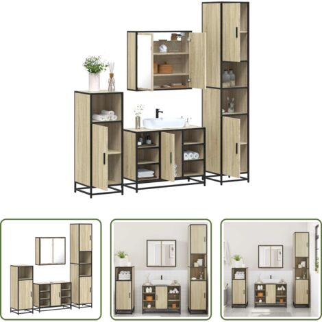 Armadietto a specchio -  Set Mobili da Bagno 4 pz Rovere Sonoma in Legno Multistrato