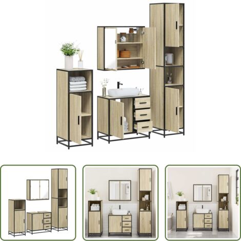 Armadietto a specchio -  Set Mobili da Bagno 4 pz Rovere Sonoma in Legno Multistrato
