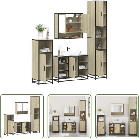 Armadietto a specchio -  Set Mobili da Bagno 4 pz Rovere Sonoma in Legno Multistrato