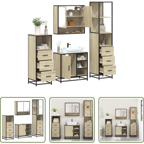Armadietto a specchio -  Set Mobili da Bagno 4 pz Rovere Sonoma in Legno Multistrato