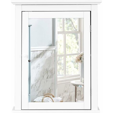 Armadietto Armadio a Specchio da Bagno, Arredo Specchio a Parete Mobiletto da Muro in Legno, Ripiani Regolabili Bianco, 56x14x69cm