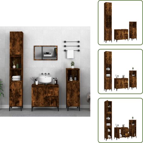 Armadietto autoportante - vidaXL Set Mobili da Bagno 3 pz Rovere Fumo in Legno Multistrato - Armadietto lavello