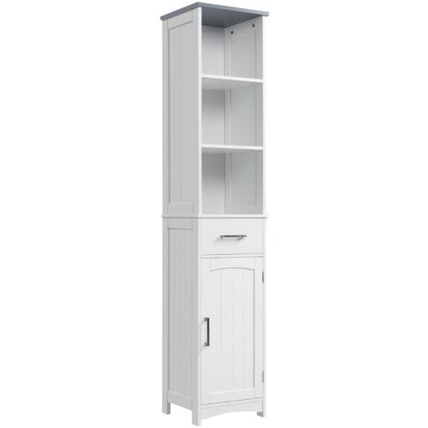 Armadietto Bagno Alto 3 Ripiani 1 Cassetto 1 Anta 34x30x163 cm in MDF Bianco