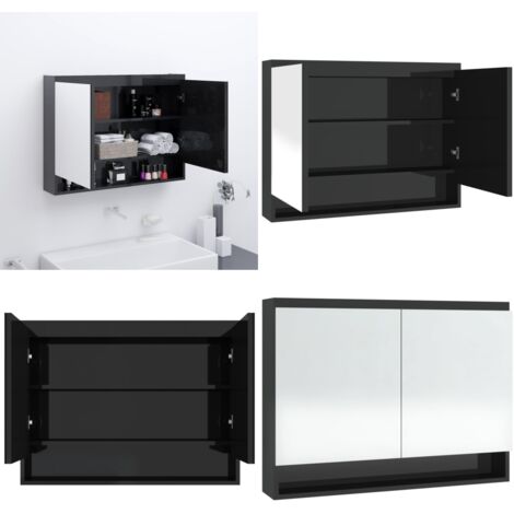 Armadietto Bagno con Specchio 80x15x60 cm in MDF Nero Lucido - Armadietto con specchio - Armadietto in mdf