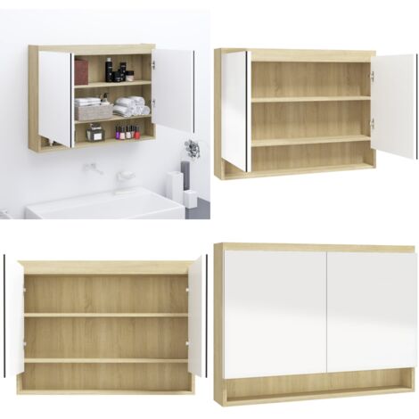 Armadietto Bagno con Specchio 80x15x60cm in MDF Bianco e Rovere - Armadietto con specchio - Armadietto in MDF