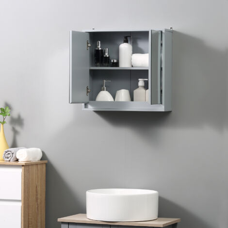 Armadietto Bagno con Specchio a 2 Ante, Specchio Bagno Contenitore con Ripiano Regolabile in Legno, 48x14.5x45cm, Grigio