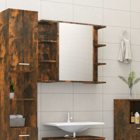 Armadietto Bagno Mobile Bagno Specchio Rovere Fumo 80x20,5x64 Legno Multistrato -75196