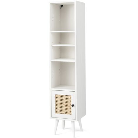 Armadietto boho con porta in rattan gambe in legno massello, Mobile sottile autonomo ripiano regolabile Bianco