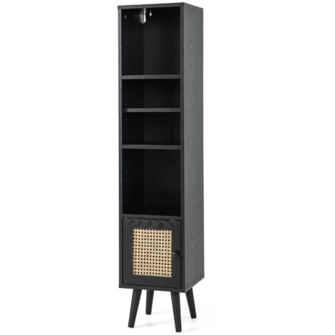 Armadietto boho con porta in rattan gambe in legno massello, Mobile sottile autonomo ripiano regolabile Nero
