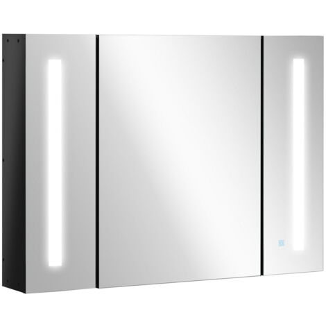 ARMADIETTO CON SPECCHIO A PARETE CON 3 RIPIANI E LUCE LED 90X15X65 CM NERO