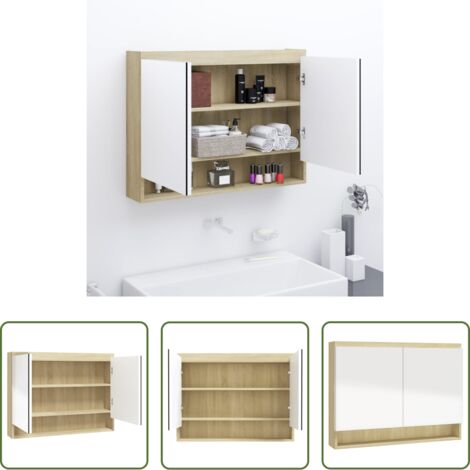 Armadietto con specchio -  Armadietto Bagno con Specchio 80x15x60cm in MDF Bianco e Rovere