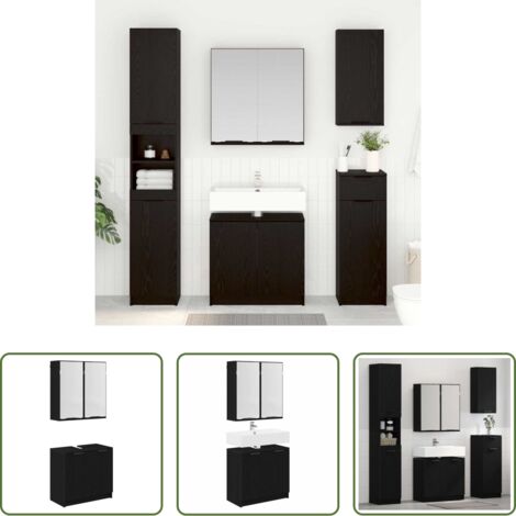 Armadietto con specchio -  Set di Armadi da Bagno 2 pcs Rovere Nero Legno multistrato