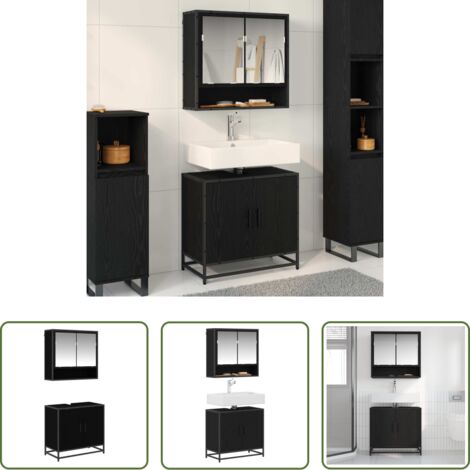 Armadietto con specchio -  Set di mobili per il bagno 2 pcs Rovere Nero Legno multistrato