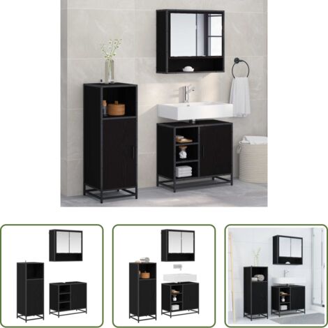 Armadietto con specchio -  Set di mobili per il bagno 3 pcs Rovere Nero Legno multistrato