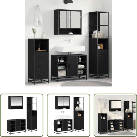 Armadietto con specchio -  Set di mobili per il bagno 3 pcs Rovere Nero Legno multistrato