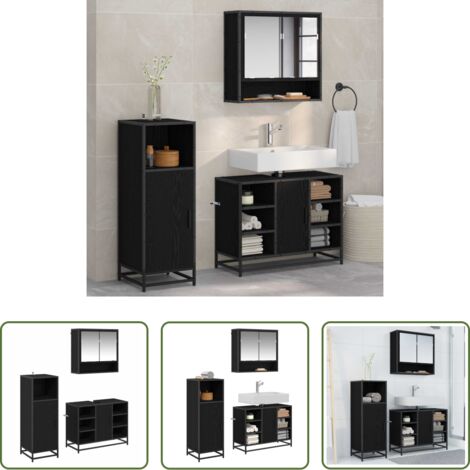 Armadietto con specchio -  Set di mobili per il bagno 3 pcs Rovere Nero Legno multistrato