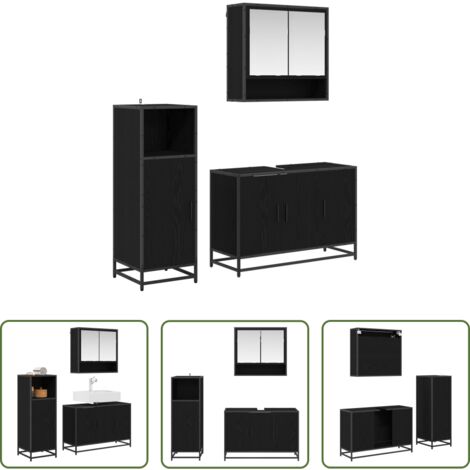 Armadietto con specchio -  Set di mobili per il bagno 3 pcs Rovere Nero Legno multistrato