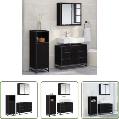 Armadietto con specchio -  Set di mobili per il bagno 3 pcs Rovere Nero Legno multistrato