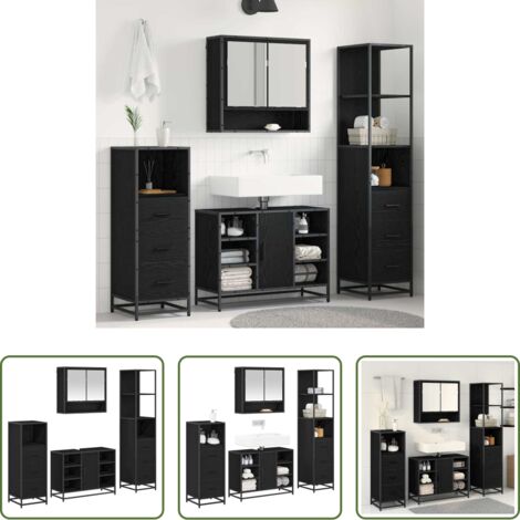 Armadietto con specchio -  Set di mobili per il bagno 4 pcs Rovere Nero Legno multistrato