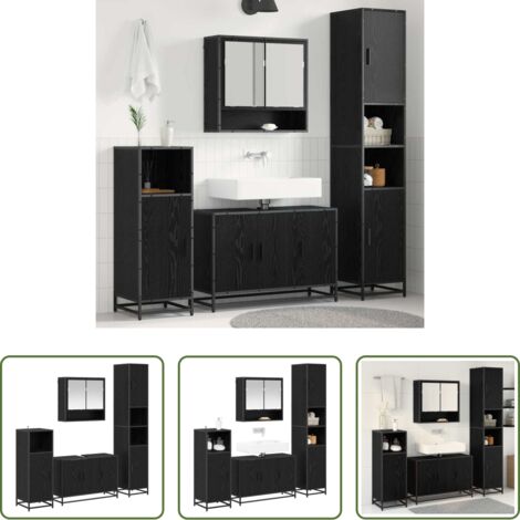 Armadietto con specchio -  Set di mobili per il bagno 4 pcs Rovere Nero Legno multistrato