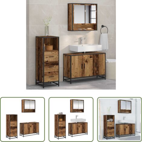 Armadietto con specchio -  Set di mobili per il bagno con cassetto 3 pcs Legno vecchio