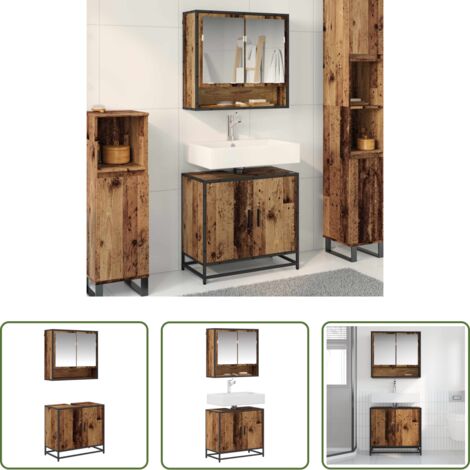 Armadietto con specchio -  Set di mobili per il bagno con lo scaffale 2 pcs Legno vecchio