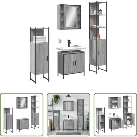 Armadietto con specchio -  Set Mobili da Bagno 4 pz Grigio Sonoma in Legno Multistrato